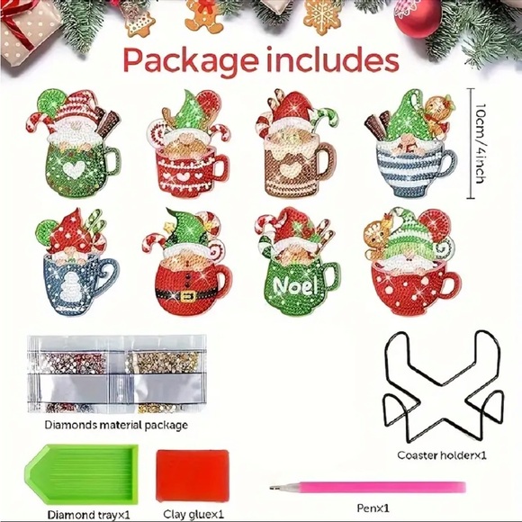 ❤️ 8-Piece Acrylic DIY Christmas Diamond Painting Coaster Kit with Holder NWT - Picture 4 of 4